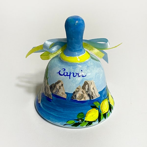 Ceramic bell with Capri, Italy. Italian souvenir with Capri stacks and lemons. Souvenir of the trip to Italy, art from Italy.