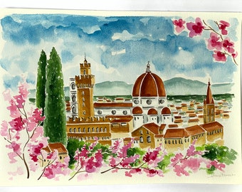 Florence watercolor made in Italy. Tuscany original painting.