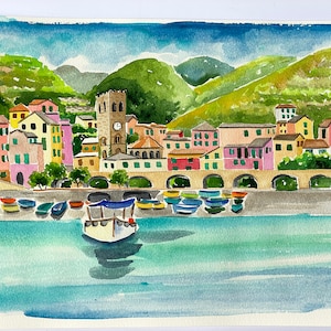 ORIGINAL Cinque Terre wall art, Monterosso watercolor, Italian painting. Travel gift,  hand painted in Italy. Italian souvenir.