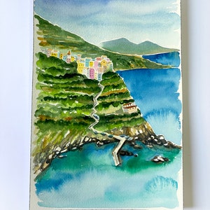 ORIGINALE acquerello italiano, Corniglia Cinque Terre. Quadro dipinto su carta con paesaggio dell'Italia. Arte della parete di casa.