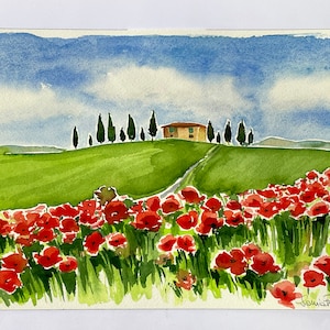 Toscana pittura ORIGINALE. Paesaggio italiano con campo di papaveri rossi. Souvenir della tua vacanza in Italia. Misura 18x26 cm.