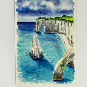 Acquerello originale ETRETAT Francia. Dipinto su carta, souvenir della Francia, Normandia. Paesi e paesaggi francesi, scogliere e mare.
