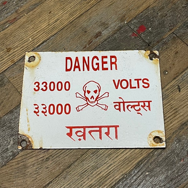 Skull and Bones oddity metal sign, electric shock danger, genuine porcelain from India