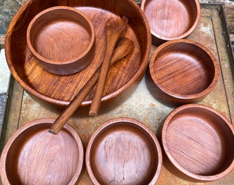 1970s Vintage MCM wooden Teak salad bowl set, serving set with tongs