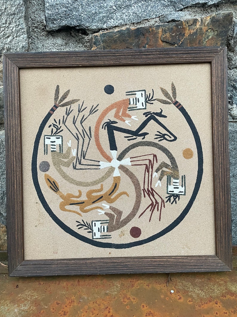 Original Vintage Framed Sand Painting by Van Yazzie, Indigenous Navajo