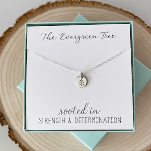 Kracht- en vastberadenheidsketting, groenblijvende boomketting, bemoedigende ketting, inspirerende sieraden, vriendcadeau, kerstsieraden