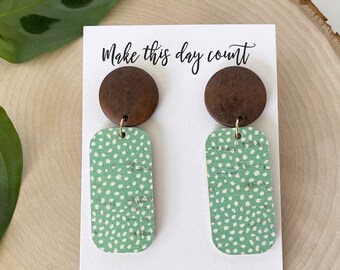 Cork Leather and Wood Earrings | Aqua Mint Dot Statement Earrings | Boho Dangle Drop Earrings | Birthday Gift for Her | Friend Wife Gifts