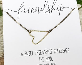 Sideways Open Heart Necklace | Friend Gift | Bestie Gift | Best Friend Gift | Hammered Rustic Heart | Antique Brass