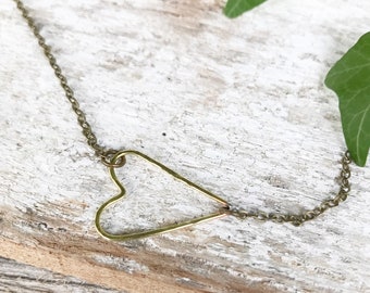 Sideways Open Heart Necklace | Friend Mother Girlfriend Gift | Anniversary Gift | You Are Loved | Hammered Rustic Heart | Antique Brass