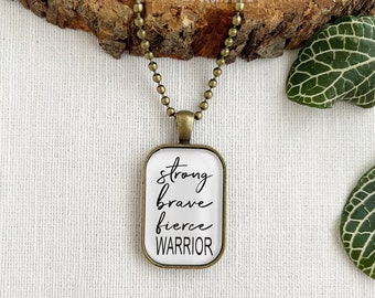 Strong Brave Fierce Warrior |  Antique Gold Long Necklace | Encouragement Inspirational Motivational Jewelry | Birthday Gift for Her | Group
