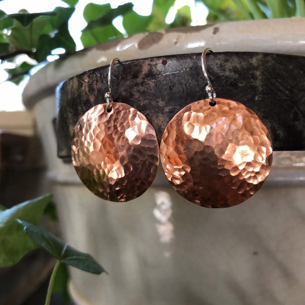 Copper Disc Earrings | Copper Sterling Silver Jewelry | Simple Dangle Drop Earrings | Handmade Jewelry | Hammered | Birthday Gift for Her