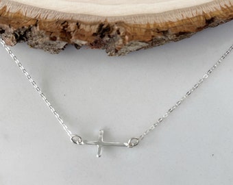 Silver Cross Necklace | Isaiah 43:1 Bible Verse Necklace | Sideways Cross | Christian Gift | Baptism Gift | Sterling Silver Necklace