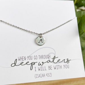 Colar de onda de prata, cartão de mensagem encorajadora, presentes religiosos cristãos de joias, presente de amigo, presente de luto, inspirador, Isaías 43:2