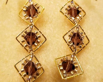 Gold & Crystal Miguel Ases Style Handmade Beaded Earrings / Seed Bead Earrings / Beaded Dangle Earrings