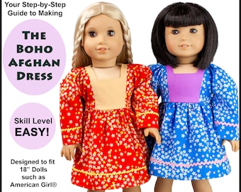 18 inch doll dress pattern ~ 1970’s style Boho Afghan Dress PDF Doll Clothes Sewing Pattern crafted for cute AG Dolls such as American Girl®