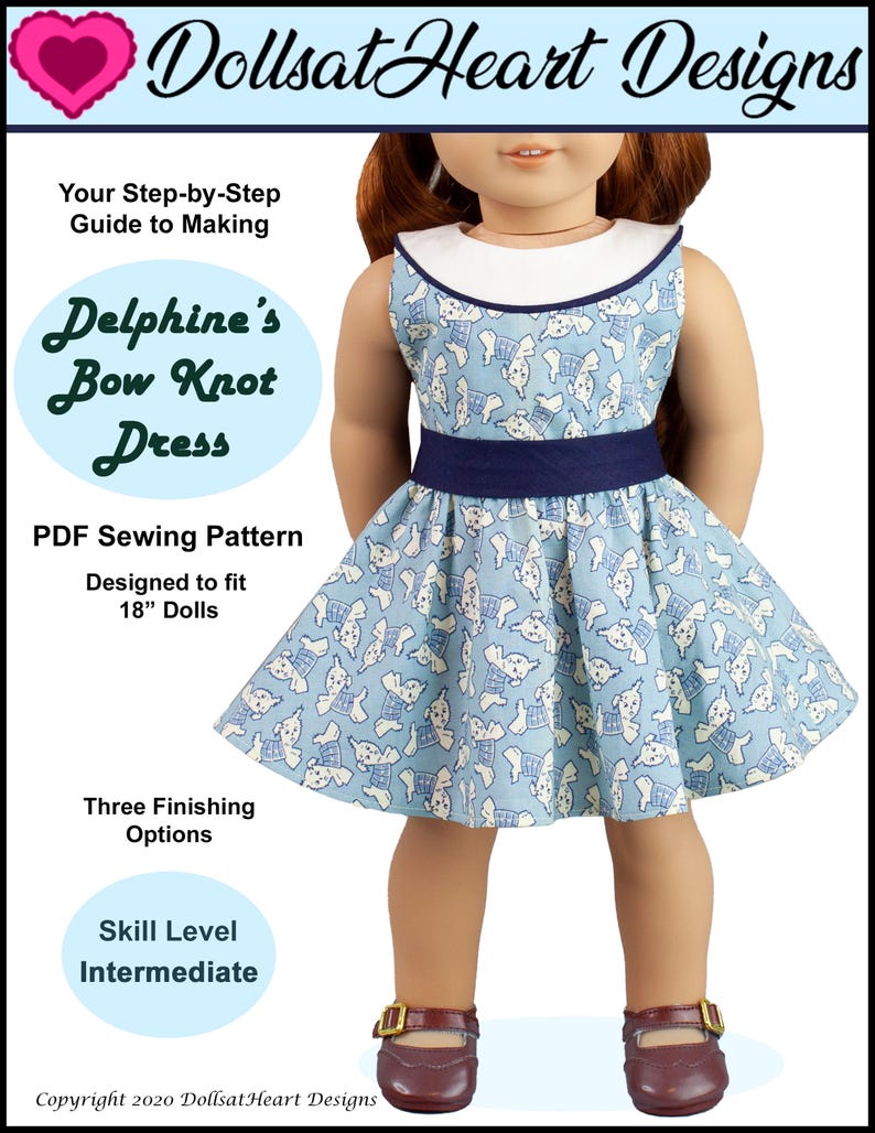 18 inch doll clothes dress pattern ~ Delphine's Bow Knot Dress PDF Sewing Pattern image 1