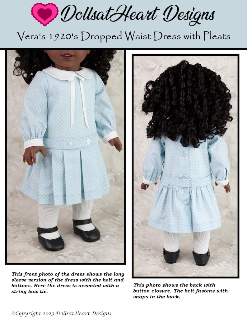 18 inch doll dress pattern ~ Vera's 1920's Dropped Waist Dress with Pleats PDF Sewing Pattern image 2