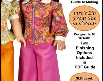 18 inch doll clothes pattern ~ 1970's Zip Front Top and Pants PDF Sewing Pattern