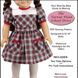 Patrón de vestido de muñeca de 18 pulgadas ~ Patrón de costura PDF de vestido escolar a cuadros escoceses de los años 40