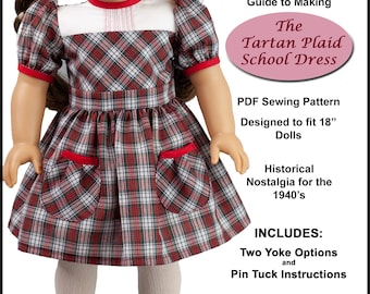 18 inch doll dress pattern ~ 1940's Tartan Plaid School Dress PDF Sewing Pattern