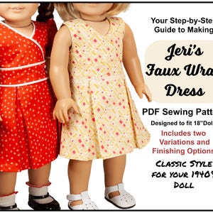 Puede incluir: Un patrón de costura PDF para un vestido de envoltura falso diseñado para muñecas de 45,7 cm. El patrón incluye dos variaciones y opciones de acabado. El vestido se muestra en un estilo clásico para una muñeca de la década de 1940.