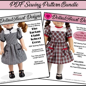 Paquete de patrones - Patrón de costura en PDF para vestido de muñeca ~ Vestido escolar de cuadros escoceses de los años 40 para muñecas de 14 y 18 pulgadas