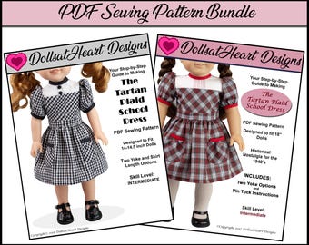 Pattern Bundle - Doll Dress PDF Sewing Pattern ~ 1940's Tartan Plaid School Dress for 14 and 18 inch dolls