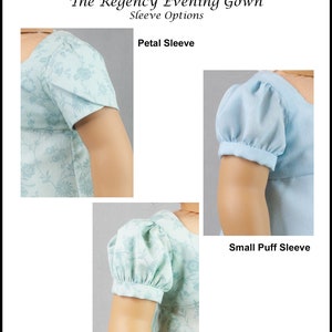 May include: Image showcasing three sleeve options for a Regency evening gown. The options include a petal sleeve, a small puff sleeve, and a large puff sleeve. The gowns are light blue with floral patterns. The text "Dollsat Heart Designs" is at the top.