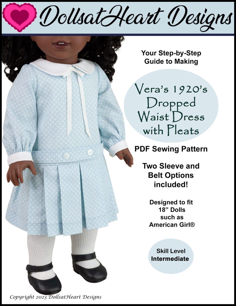 18 inch doll dress pattern ~ Vera's 1920's Dropped Waist Dress with Pleats PDF Sewing Pattern image 1