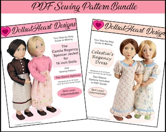 Könnte beinhalten: Zwei PDF-Nähmuster für 40,6 cm Puppen. Das erste Muster ist für eine Camila Regency Spencer Jacke mit zwei Ärmelvarianten. Das zweite Muster ist für ein Celestia Regency Kleid mit zwei Ärmelvarianten. Beide Muster sind für Puppen wie A Girl for All Time konzipiert und gelten als mittelschwer.