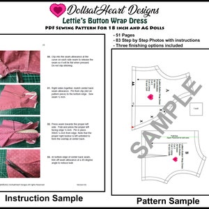 May include: A sewing pattern for a button wrap dress for 18-inch dolls. The pattern includes 51 pages, 83 step-by-step photos with instructions, and three finishing options. The pattern is shown on a white background with a pink heart.