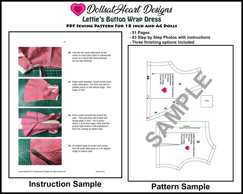 May include: A sewing pattern for a button wrap dress for 18-inch dolls. The pattern includes 51 pages, 83 step-by-step photos with instructions, and three finishing options. The pattern is shown on a white background with a pink heart.