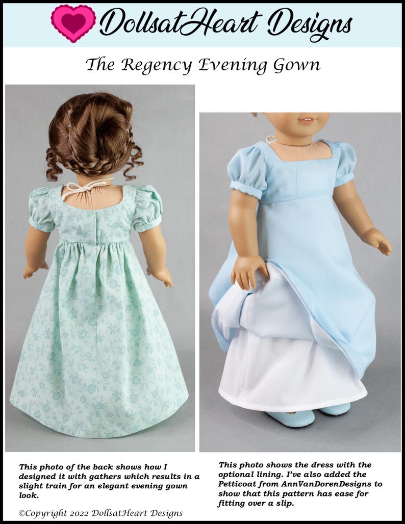 18 inch doll dress pattern - Regency Evening Gown PDF Sewing Pattern hand made for AG Dolls image 3