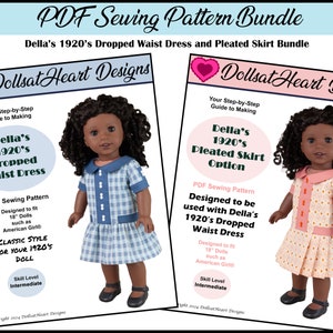 18 inch doll dress bundle ~ Della&#39;s 1920&#39;s Dropped Waist Dress and Pleated Skirt PDF Sewing Patterns