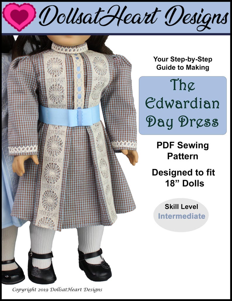 18 inch doll clothes pattern ~ Edwardian Day Dress PDF Sewing Pattern hand crafted for historical 1900’s AG Dolls image 1