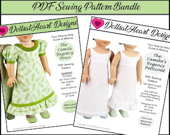 18 inch Doll Dress Pattern Bundle - Camila's Regency Dress and Petticoat PDF Sewing Patterns