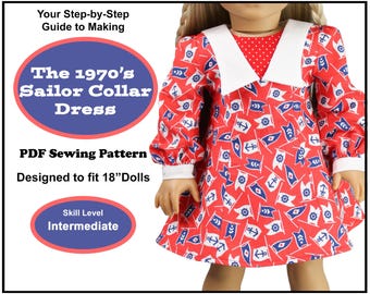 18 inch doll dress pattern ~ 1970's Sailor Collar Dress PDF Sewing Pattern