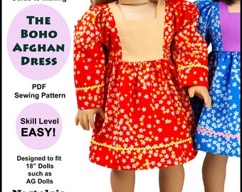 18 inch doll dress pattern ~ 1970’s style Boho Afghan Dress PDF Doll Clothes Sewing Pattern