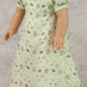 18 inch doll Regency Gown in green embroidered fabric showing the result from the PDF Sewing pattern