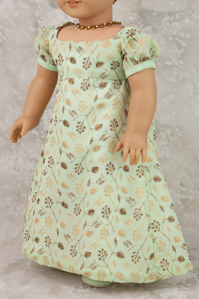 18 inch doll Regency Gown in green embroidered fabric showing the result from the PDF Sewing pattern