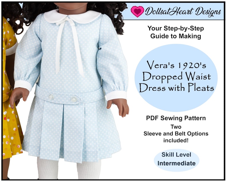 May include: A PDF sewing pattern for a 1920's dropped waist dress with pleats for dolls. The pattern includes two sleeve and belt options and is for an intermediate skill level.