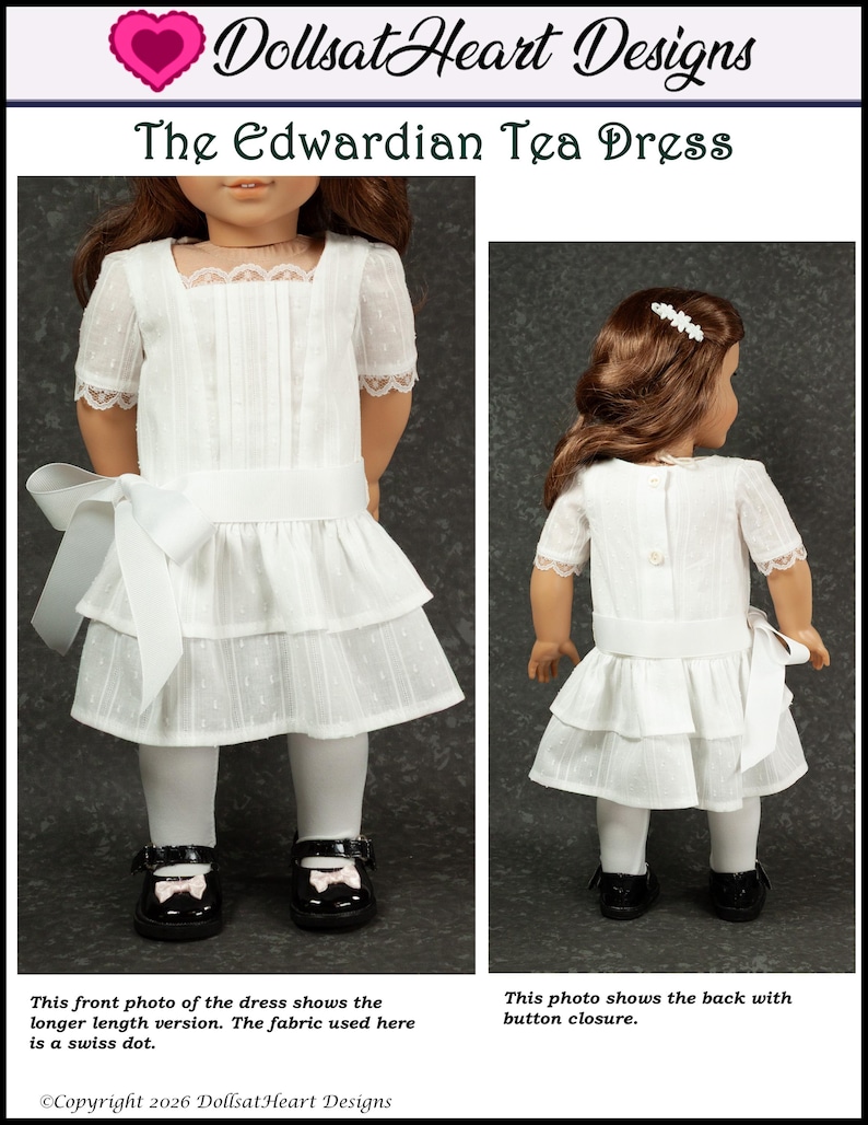 May include: A white doll dress with a square neckline, short sleeves, and a tiered skirt. The dress features a white bow at the waist and is paired with white tights and black shoes. The text reads "The Edwardian Tea Dress".