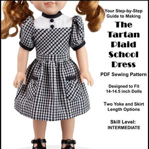 Patrón de costura en PDF para vestido de muñeca de 35-37 cm (14-14,5 pulgadas) ~ Vestido escolar de tartán de los años 40