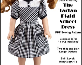 14-14.5 inch Doll Dress PDF Sewing Pattern ~ 1940's Tartan Plaid School Dress