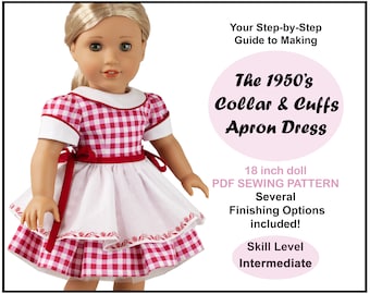 18 inch doll dress pattern ~ 1950's Collar and Cuffs Apron Dress PDF Sewing Pattern crafted for historical AG Dolls such as American Girl®