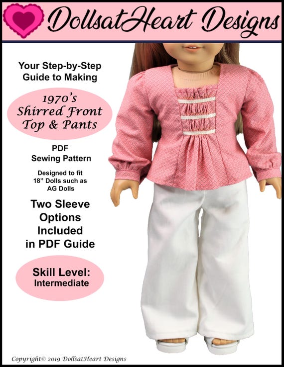 18 inch Doll PDF Sewing Pattern ~ 1970's Shirred Front Top and Pants