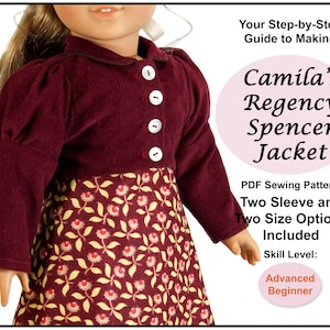 Puede incluir: Un patrón de costura PDF para una chaqueta spencer de estilo Regencia para muñecas. El patrón incluye dos opciones de manga y dos tallas. El nivel de habilidad es principiante avanzado. La imagen muestra una muñeca con una chaqueta burdeos y una falda floral.