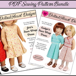 Paquete de patrones de vestido de muñeca ~ Patrón de costura en PDF de vestido cruzado falso de los años 40 para muñecas de 18 y 16 pulgadas