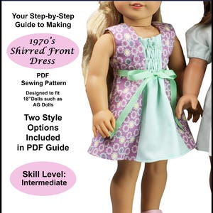 18 inch doll clothes PDF sewing pattern ~ 1970s Style Shirred Doll Dress Pattern for AG Dolls image 1