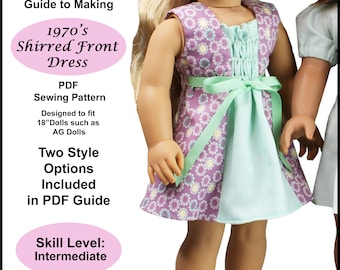 18 inch doll clothes PDF sewing pattern ~ 1970s Style Shirred Doll Dress Pattern for AG Dolls